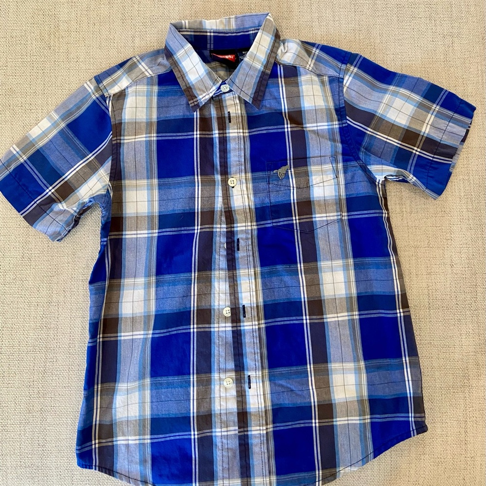 Wrangler Kids Blue and Brown Plaid Button Down Shirt
